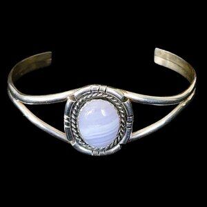 Vintage Navajo Sterling Silver Blue Lace Agate Cuff Bracelet IB 19.1 grams